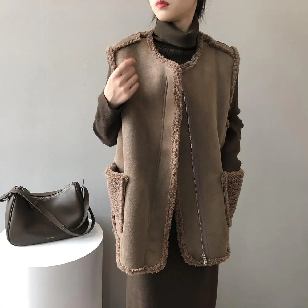 Chaleco de pelo de cordero para mujer, chaqueta holgada de ante, parkas sin mangas, estilo coreano, Primavera e invierno, 2024