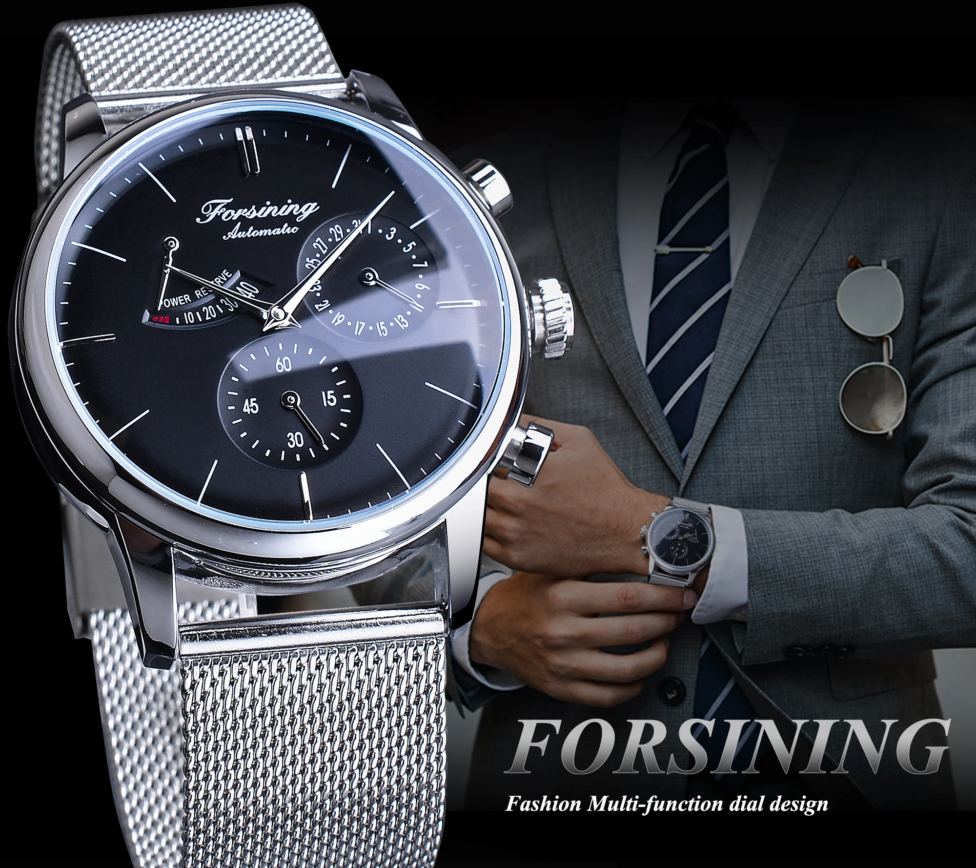 Forsining 2021 Business Fashion Date Design Silver Steel Power Reserve Mens Mechanical Automatic Wrist Watches Top Brand Luxury