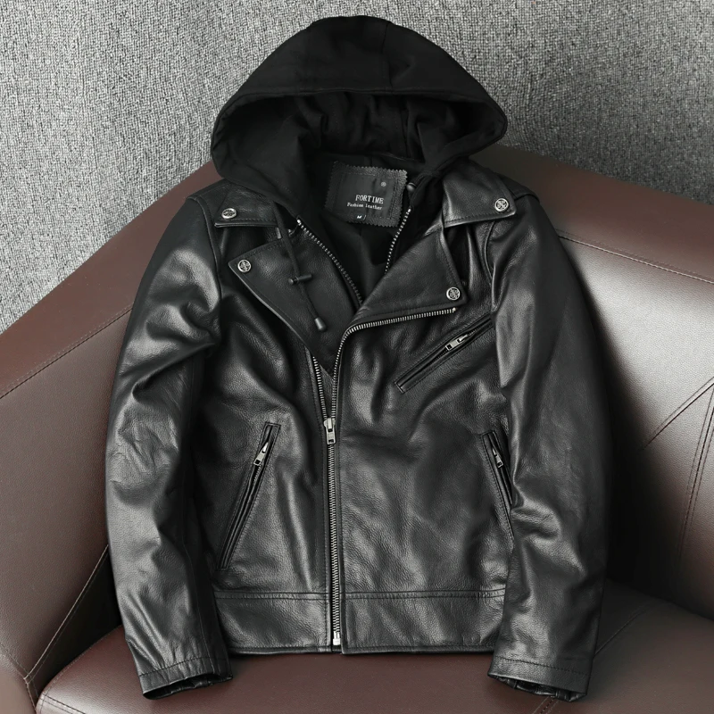 

Top Layer Cowhide Leather Jacket 100% Men Remove Hooded Leather Motorcycle Suit Spring and Autumn Black Lapel Flight Jacket