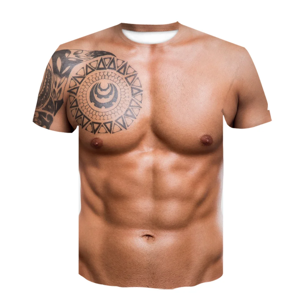 New Funny Six-pack abs Muscle Tattoos T Shirt for Men Summer Short Sleeve Tees Cool Streetwear 3D Print Fake T-shirt dropshiping