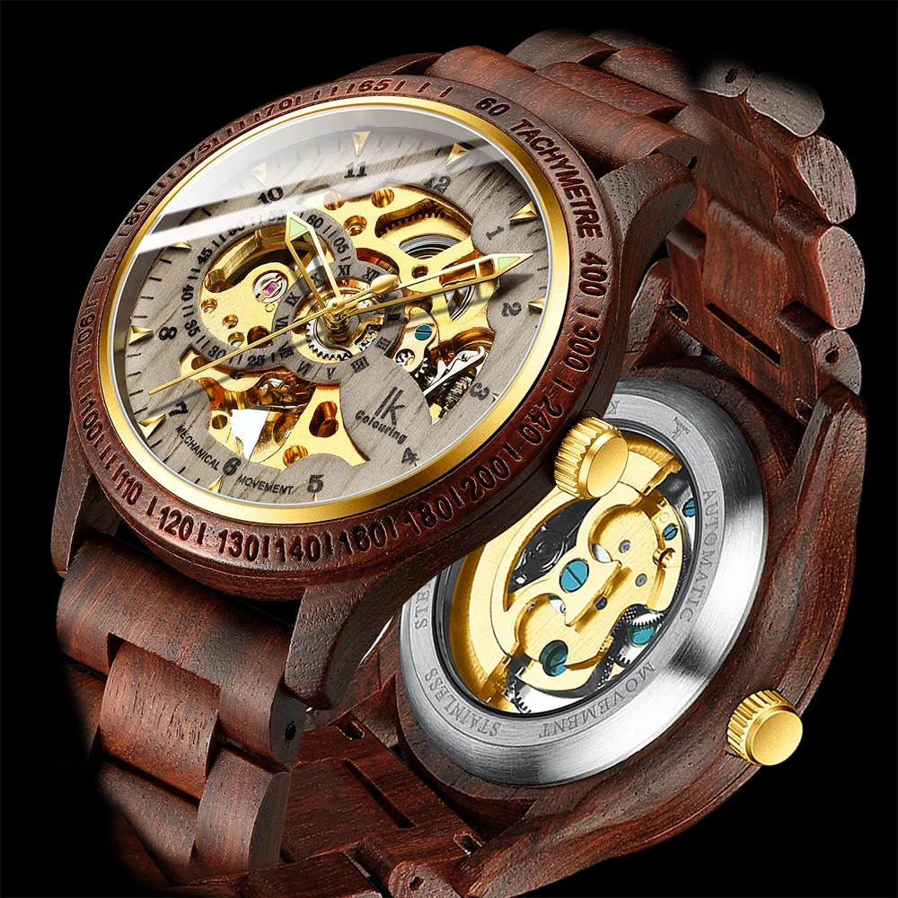 Classic Fashion Wooden Men Automatic Mechanical Watch Wooden Strap  Skeleton Transparent Sport male WristWatch Relogio Masculino