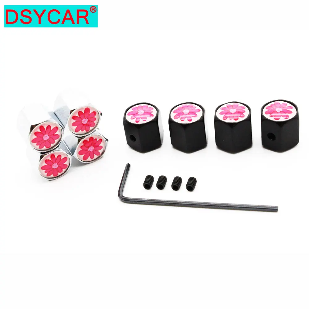 DSYCAR 1Set Anti-theft Red Flower Logo Tire Valve Dust Caps Dustproof Tire Cap Valve Stem Caps for Cars