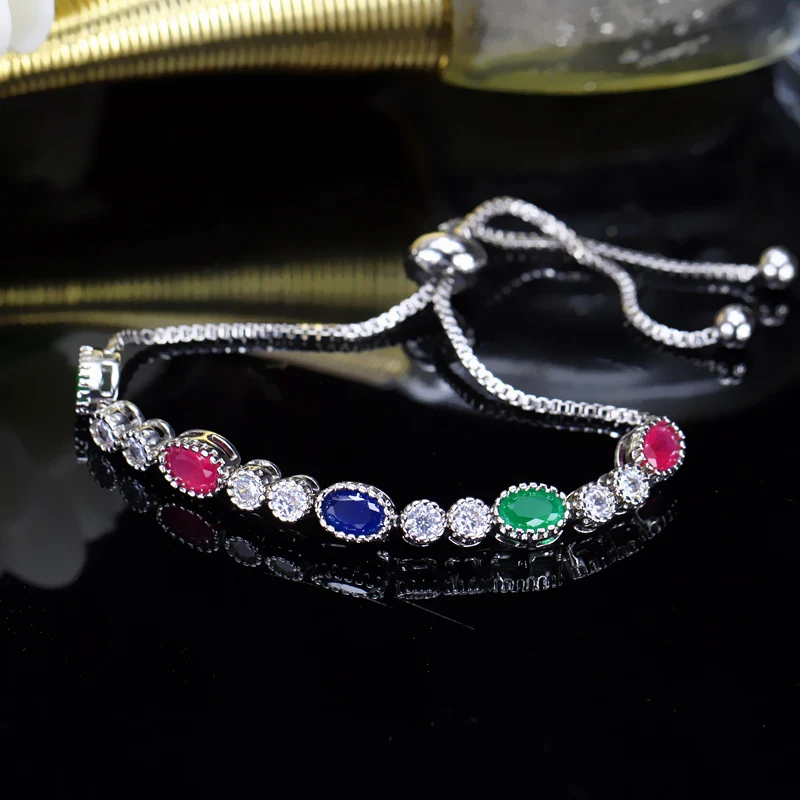 

ThreeGraces Adjustable Size Fashion Multicolor CZ Crystal Silver Color Wedding Bracelet Bangle for Women Party Jewelry BR076
