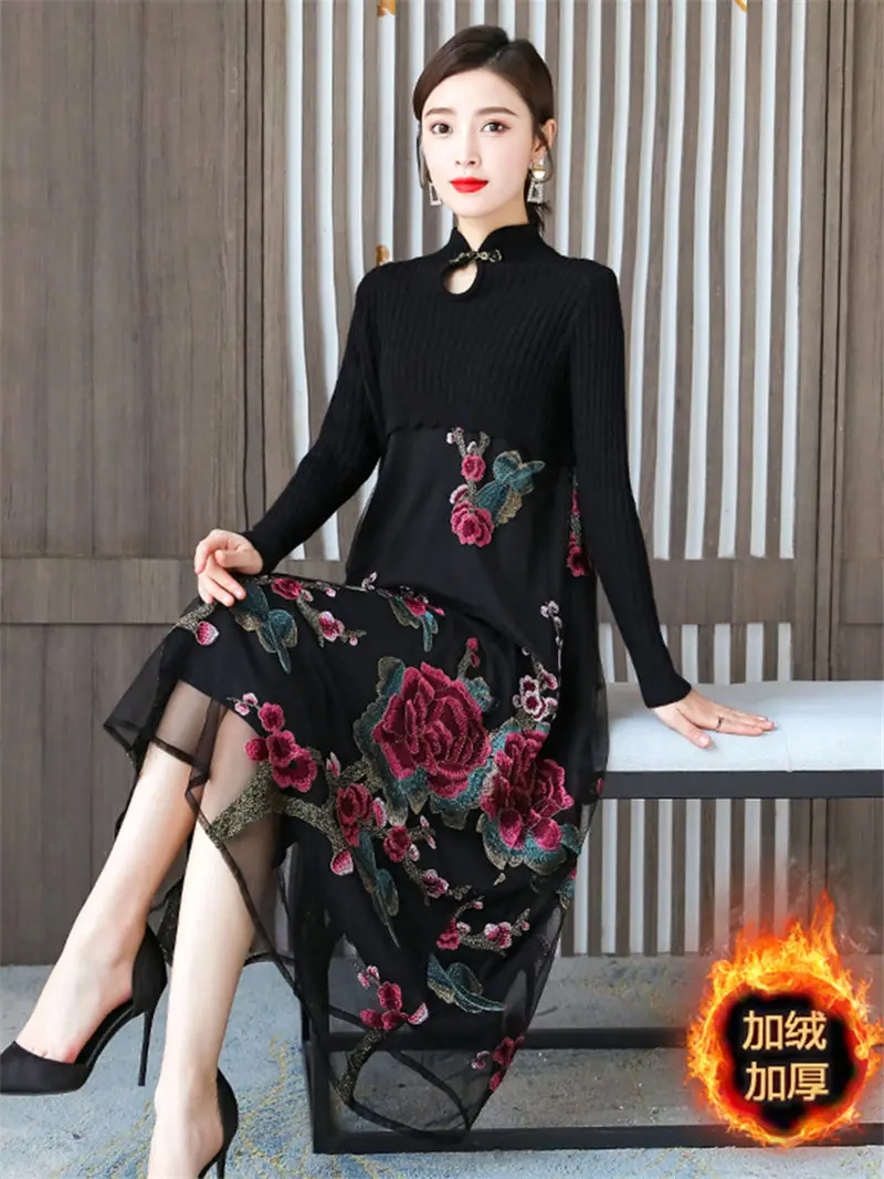 

Embroidered Qipao Patchwork Knitted Long Sleeve Dress Women Fall Winter High End Temperament Elegant Hollow Party Robes Y1139
