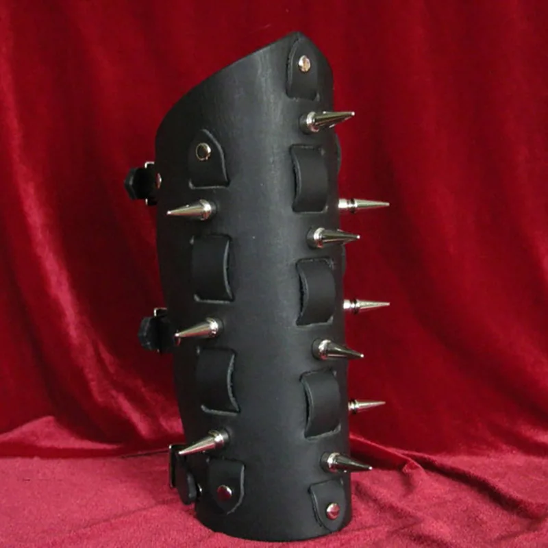 Herren Leder Gewebt Versetzt Arm Armschiene Schwarz Vambraces Gauntlet Mit Straps Lange Große Spikes Armband Rüstung Manschetten Für Road Warrior