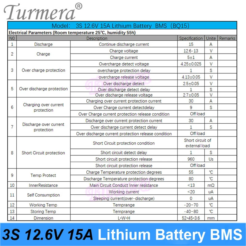 Turmera 12,6 V 3S 15A BMS 18650 Płytka zabezpieczona baterią litową do wkrętarki 10,8 V 12 V lub zasilacza nieprzerwanego