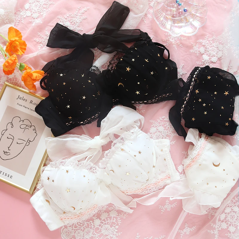 Sexy Giapponese Dolce Bella Cielo Stellato Lolita Push-Up Con Ferretto Reggiseno e Mutandine E Boxer Lingerie Set Giovane Ragazza Bandge Arco Della Biancheria Intima set