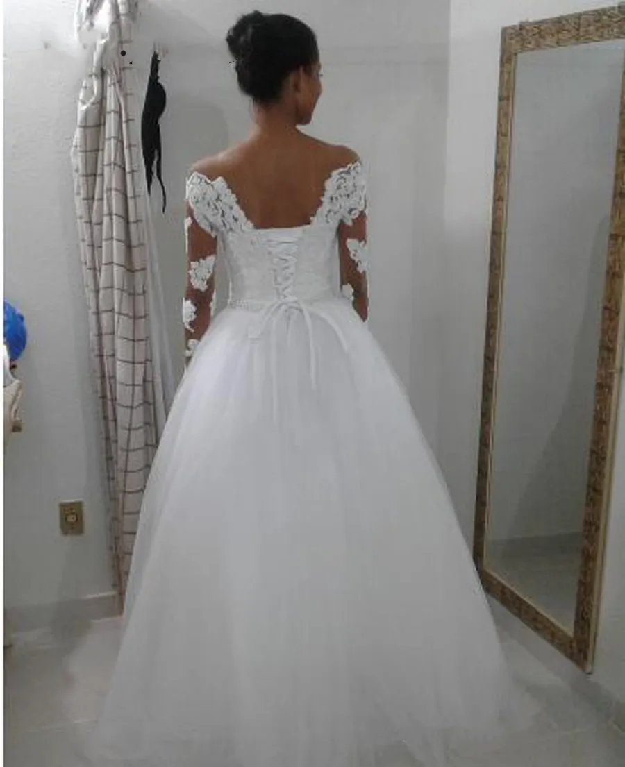 Vestido de boda africano con apliques de encaje y cuello de barco, manga larga de tul blanco, longitud hasta el suelo, 2020