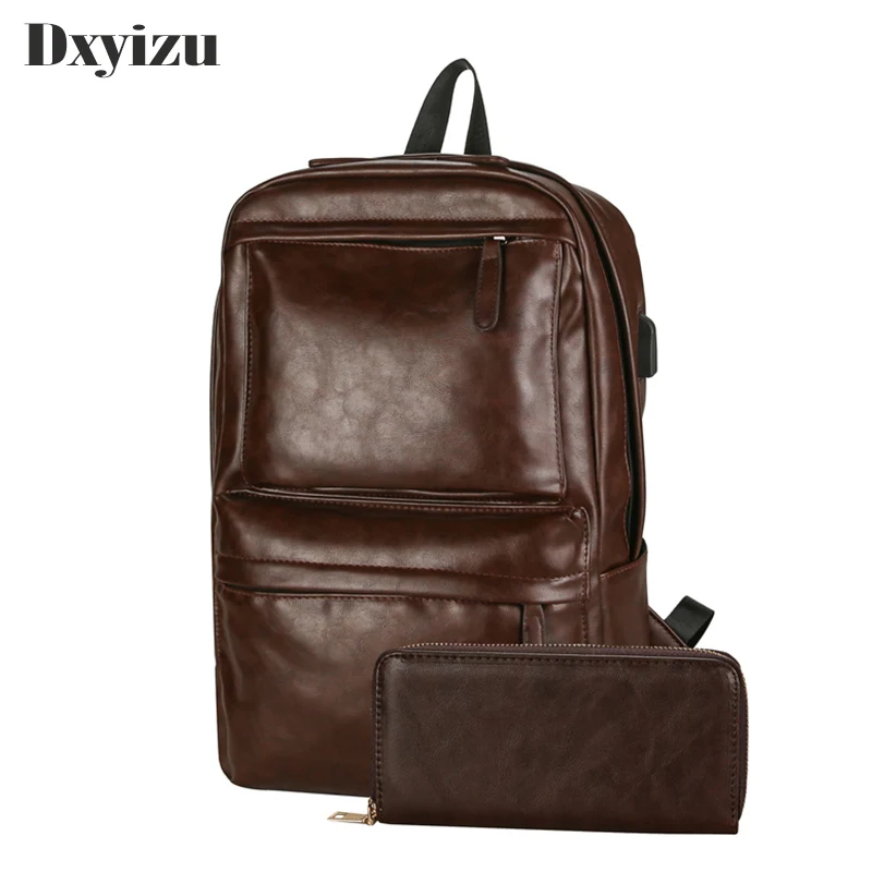 Business Casual Backpacks Travel 2 Bags Black Pu Leather Men\'s Shoulder Bags Teenage Backpack Men Usb Charging Anti Theft