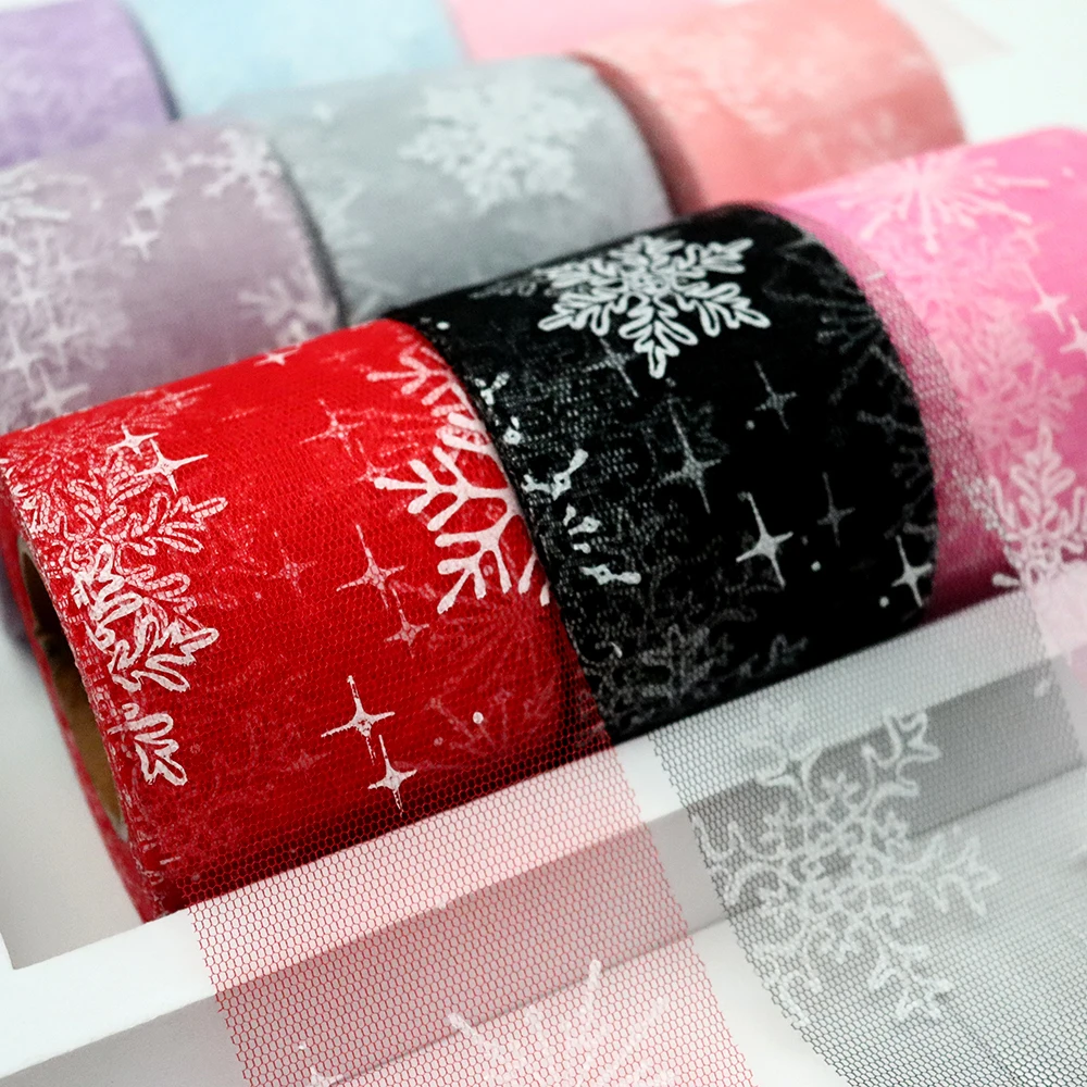 6cm 25yards White Snowflake Printed Tulle Mesh Organza Ribbon DIY Hairbow Christmas Tree Box Wrapping Winter Home Decor Supplies