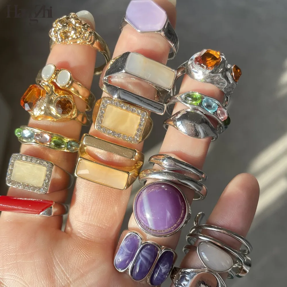 HangZhi 2021 New Colorful Rhinestone Trendy Irregular Metal Geometric Set Ring for Women Girls Summer Party Jewelry