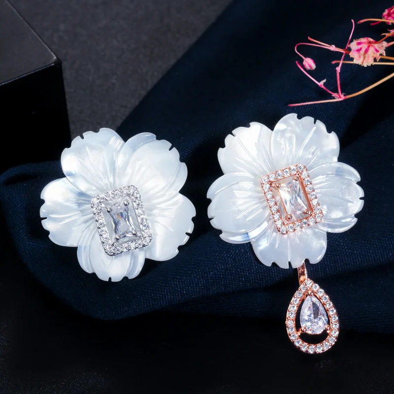 CWWZircons Natural Designer Shell Flower Cubic Zirconia Stone Big Long 585 Rose Gold Plated Drop Earring for Women Jewelry CZ624