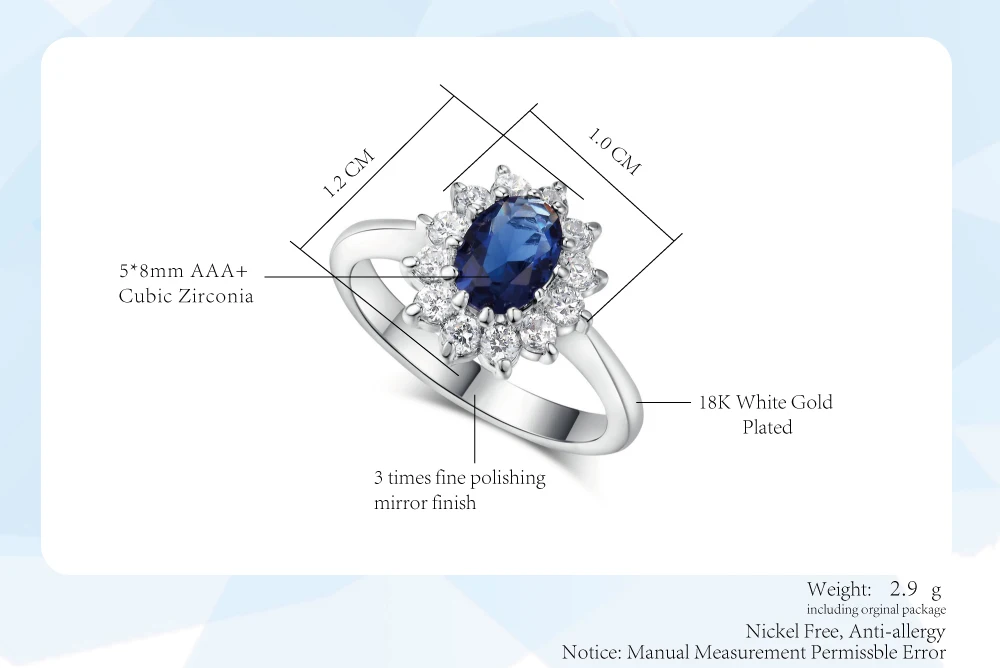 Diana Ring Für Frauen Prinzessin Stil Blau Kristall Zirkon Silber Farbe Engagement Hochzeit Finger Ringe Geschenk Mode Schmuck R076 – Detail 7