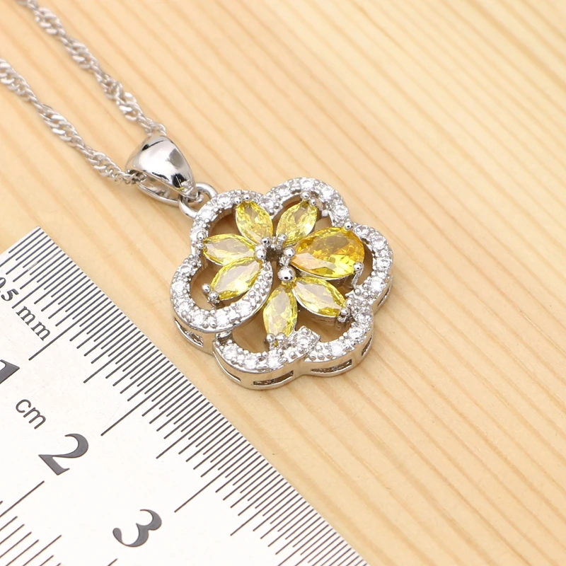 925 Silver Jewelry Sets For Women Wedding Accessories Yellow Cubic Zirconia Flower Shape Earring Pendant Necklace Ring Set