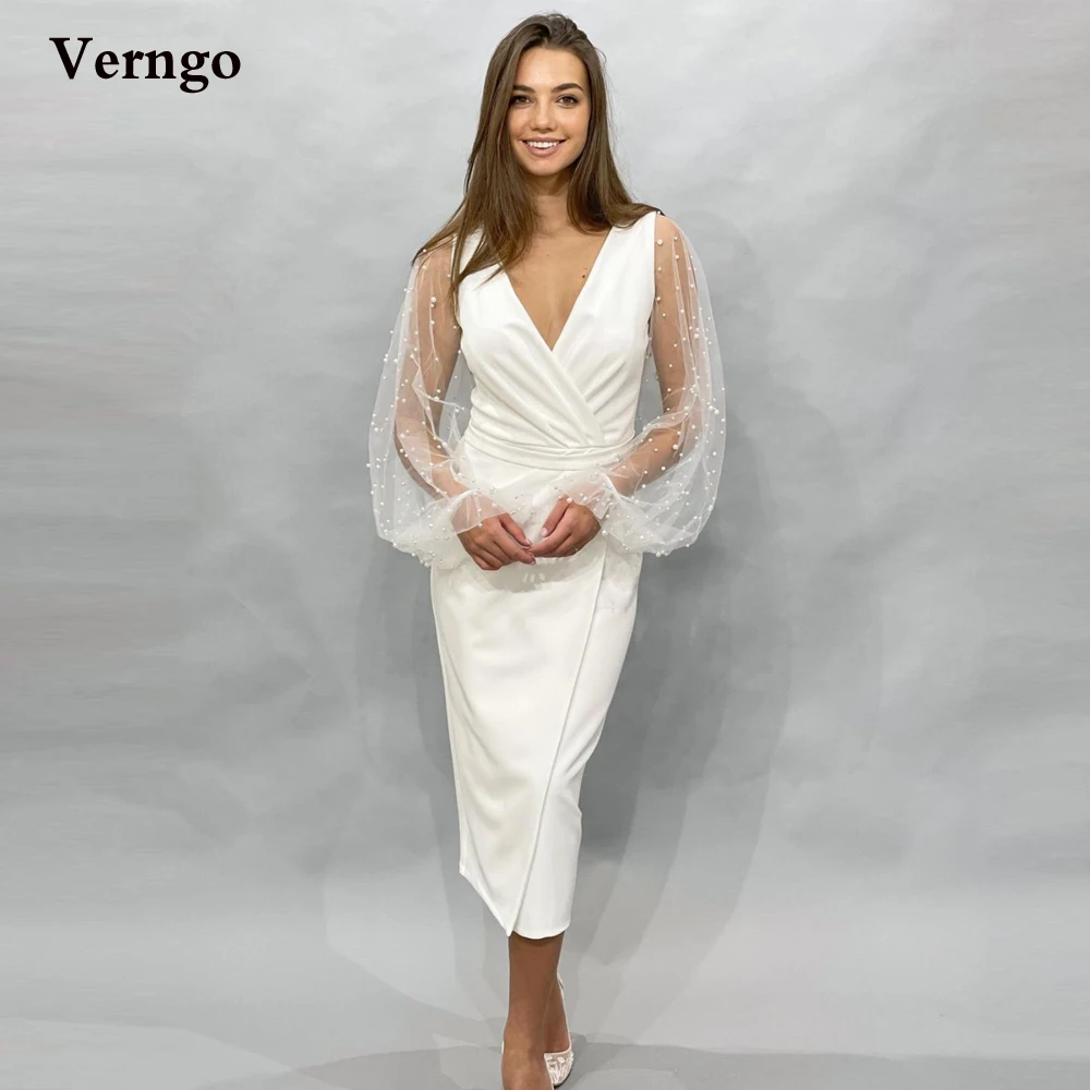 Verngo Modest Ivory Pearls Puff Long Sleeves Wedding Dresses V Neck Pleats Tea Length Bride Formal Party Gowns 2021