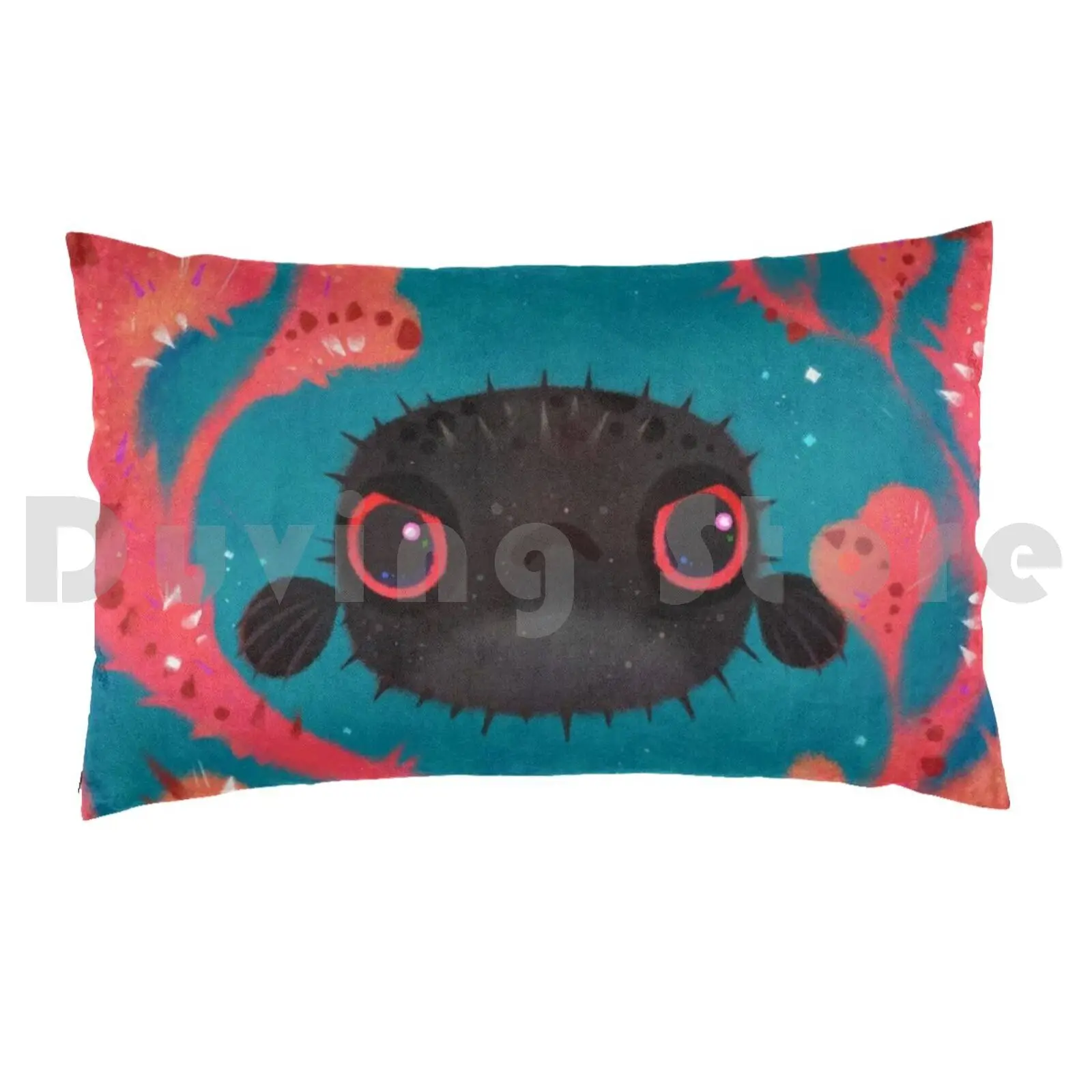 Angry Puffer Pillow Case Printed 35x50 Puffer Boxfish Fish Coral Flower Angry Ocean Sea Marine Life Salt