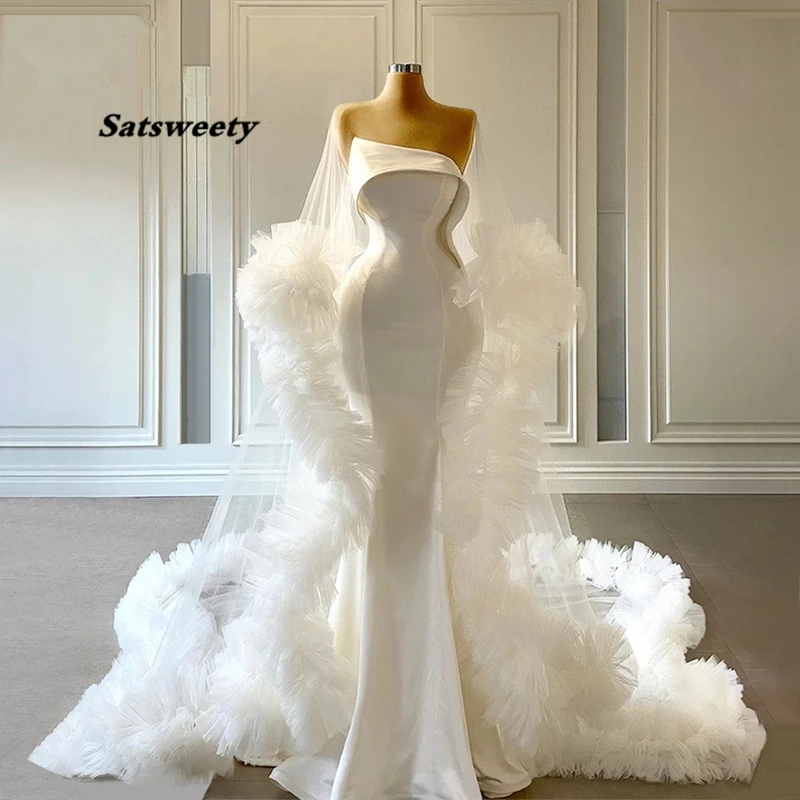 Luxus Weiß Meerjungfrau Hochzeit Kleider 2022 Arabisch Tiered Brautkleid Illusion Party Kleider Saudi-arabien Robe