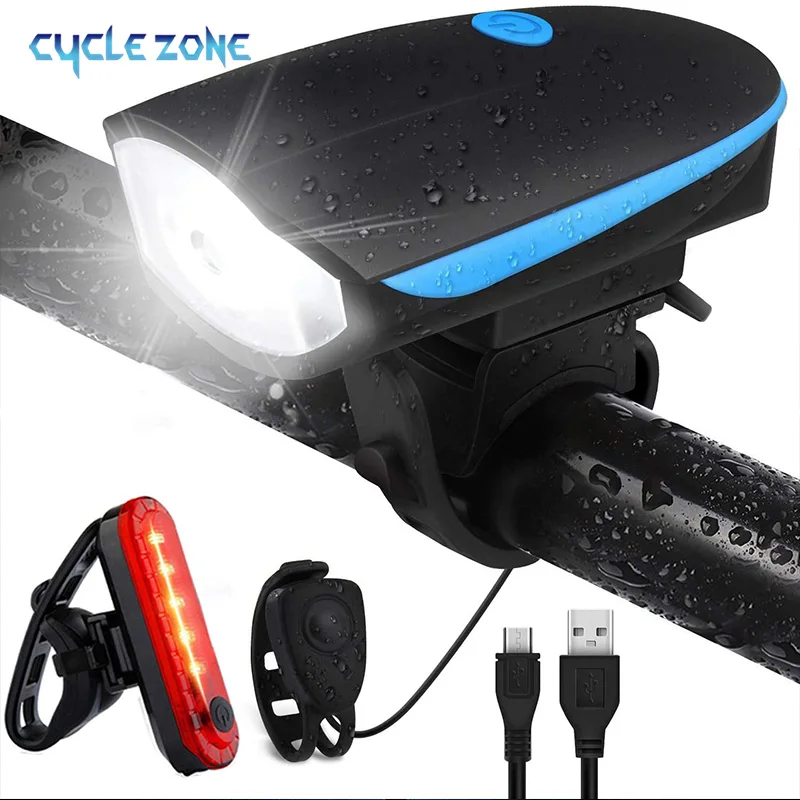 Bike Light Set with Built-in Horn USB Rechargeable Super Bright Front Headlight Rear LED Bicycle Light for Men Women MTB Cycling