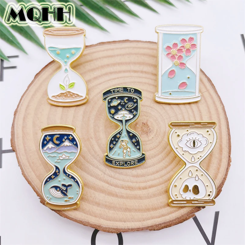 Creative Fun Time Hourglass Alloy Pins Space Whale Flower Grass Skull Alloy Brooch Badge Clothes Accessories Sweet Jewelry Gift