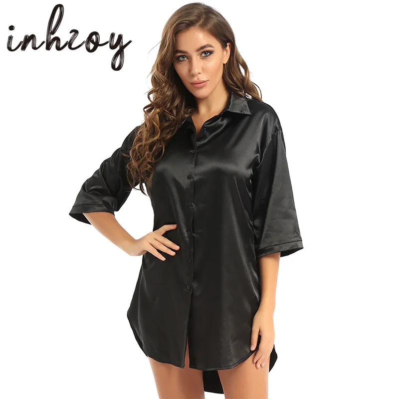 

Women Soft Satin Loose Loungedress Sleepshirt 3/4 Long Sleeve Boyfriend Style Turndown Collar Button Shirts Nightgown Sleepwear