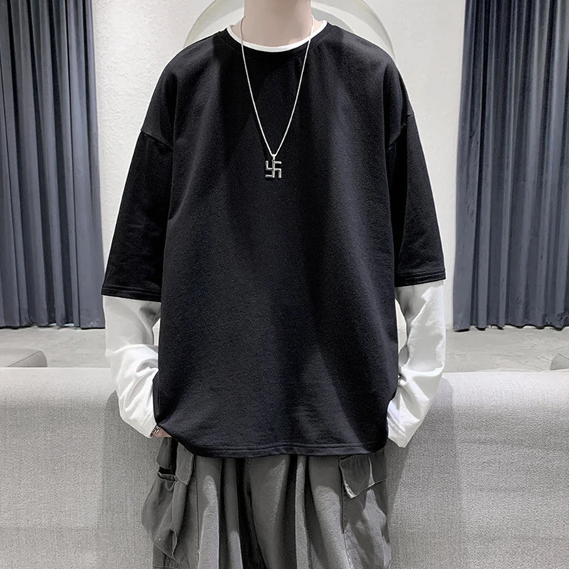 Autumn Summer Fake Two Long Sleeve Men Tshirts Fashion Trend Korean Style Loose Tops Oversized All-match Spliced Twice Clothing