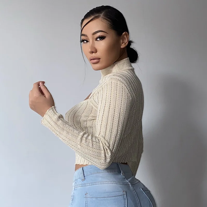 Maglia Top collo alto donna maglione manica lunga nuovo arrivo vestiti autunnali per le donne petto tagliato fasciatura filo solido bianco