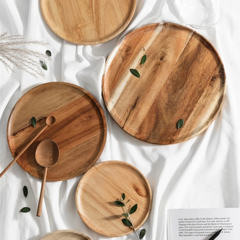 Wood Food Tray Solid Wood Pan Plate Fruit Dishes Saucer Tea Tray Cake Snack Dessert Dinner Plate Lovesickness Wood Tableware