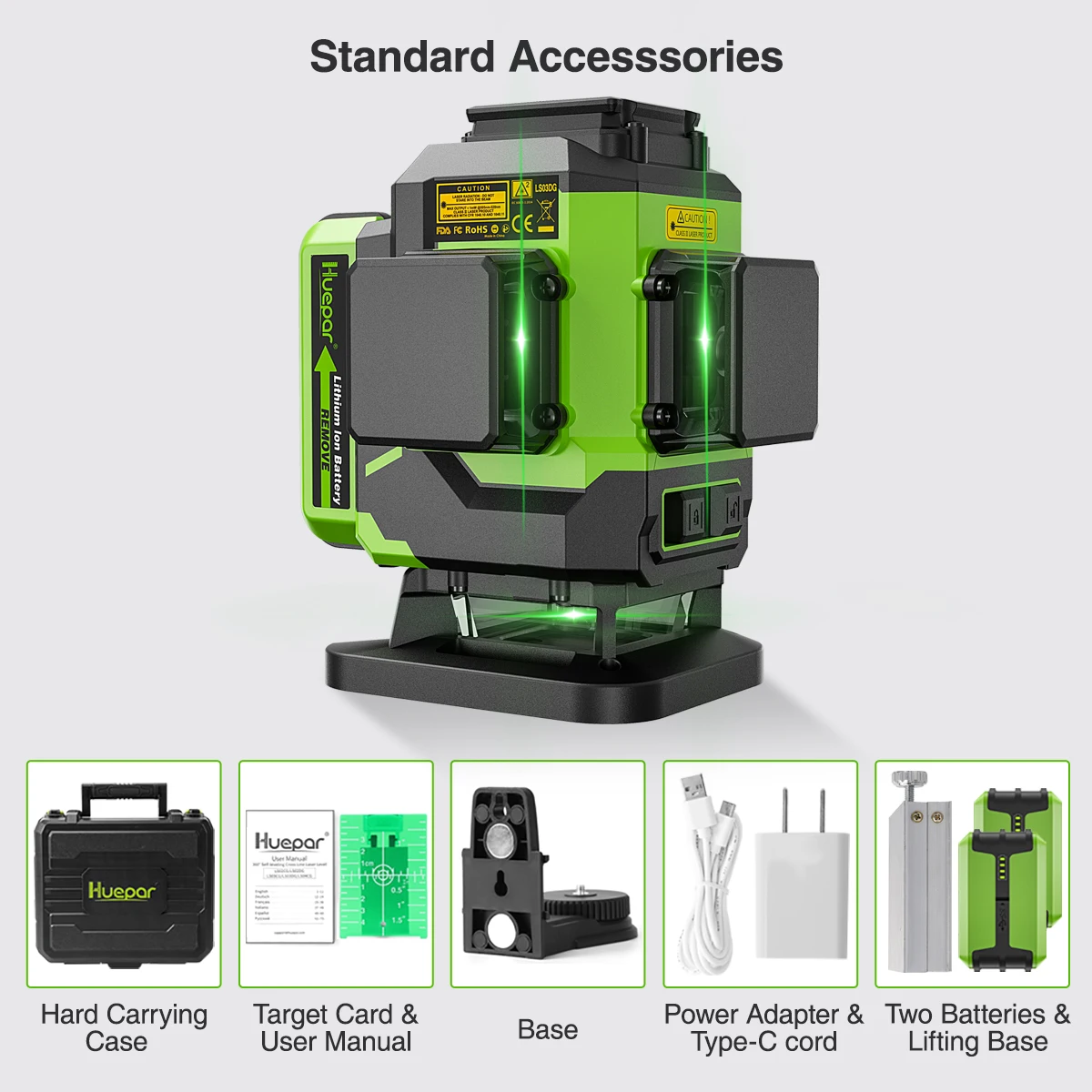 Huepar 3D Laser Level Green Beam Cross Line Tiling Floor Laser Tool with 2 Li-ion Battery 12 Lines Self-leveling Level Hard Case