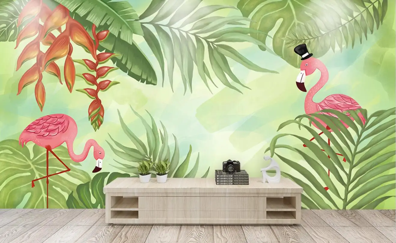 

Custom High-quality wallpaper nordic flamingo leaf children room decoration wall papel de parede 3d wallpaper mural wall sticker