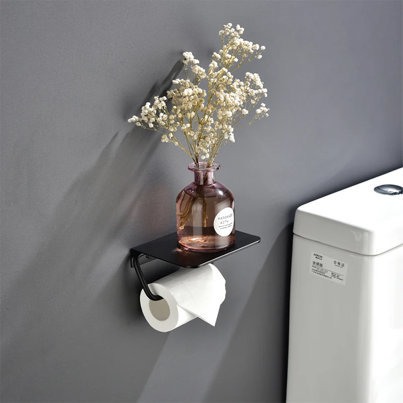 Euor Design Aluminum Paper Roll Holder Free Punch Toilet Paper Holder Black Bathroom Accessories Paper Hanger Wall Mounted