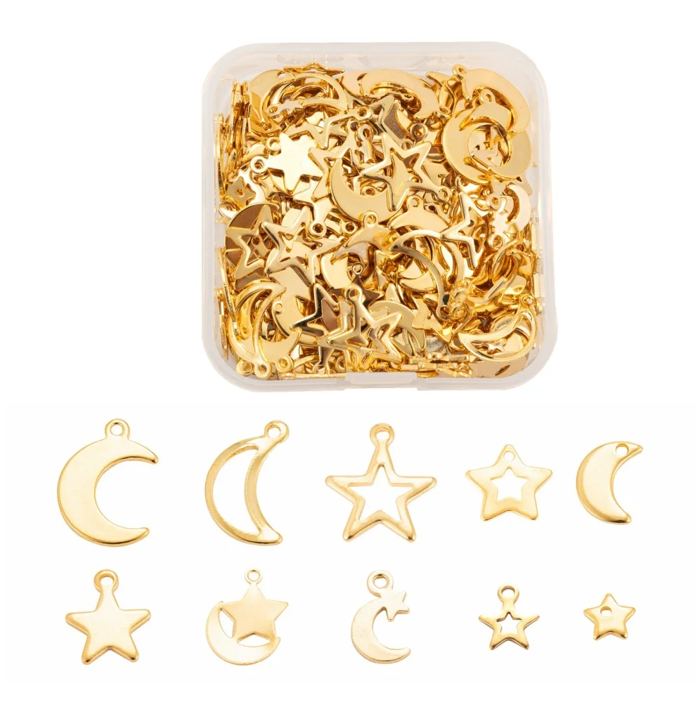 

200pcs/Box Sky Theme Charms Stainless Steel Star & Moon Charms Golden for Women earrings bracelets DIY jewelry making Decor