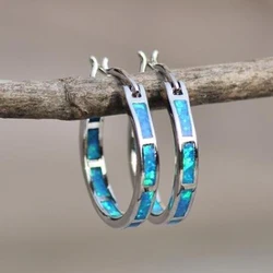 Women Classic Earring Wedding Fashion Jewelry Blue Fire Opal Hoop Earrings 1 Pair