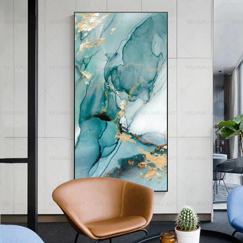 

Modern Abstract Green Gold Leaf Canvas Art Fashion Blue Poster and Print Wall Image for Living Room Elegant Cuadro Decorative