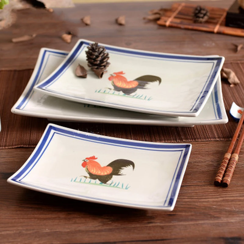 Japanese Style Creative Rooster Figure Rectangular Ceramic Plate Restaurant Household Multi-size Antique Bone China Plate