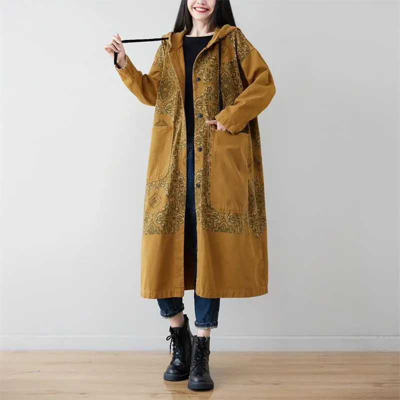 2024 Spring Fall Female Long Trench Coat Loose Vintage Print Denim Cotton Women Hooded Jacket Plain Single Breasted Windbreaker