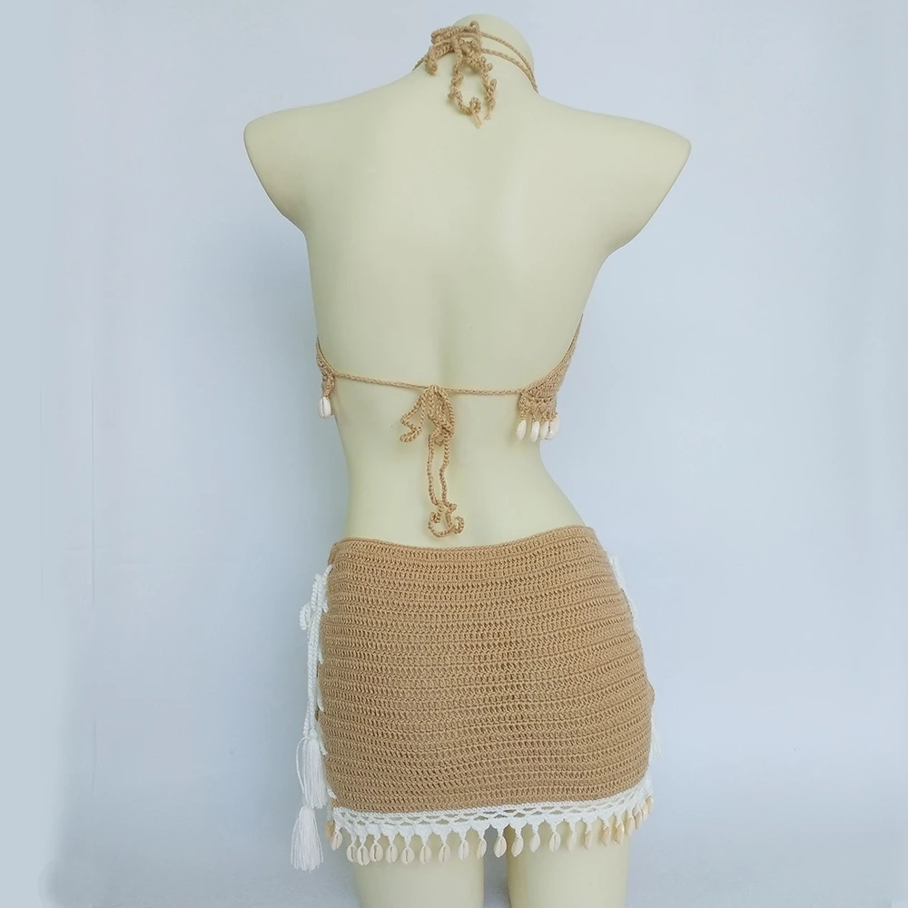 Fashion Shell Set 3 Piece Bikini Set Woman Fringed Crochet Bikini Top Sexy Beach Dress Lace Mini Skirt and Shell Necklace