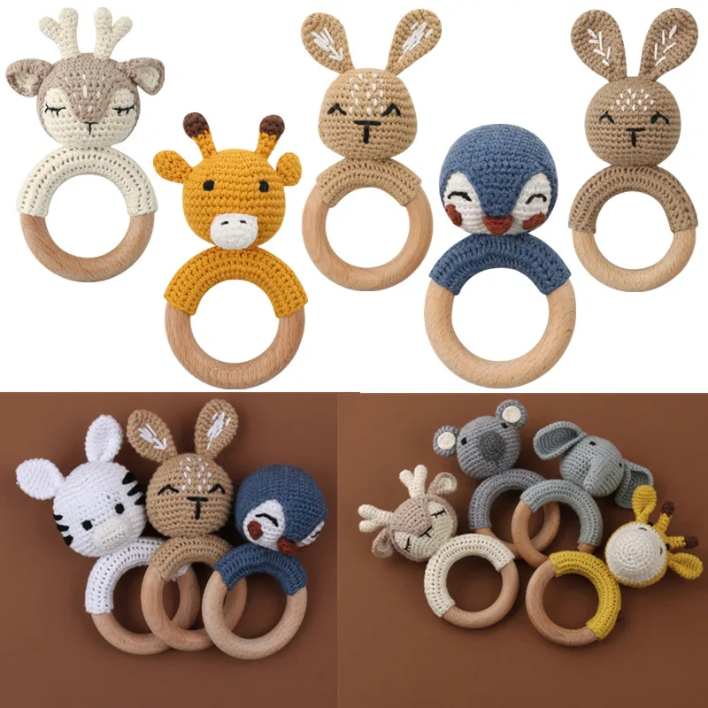 BPA Free Baby Wooden Teether Crochet Cartoon Baby Rattle Toys Wooden Ring Rodent Toys Mobile Gym Kids Newborn Educational Toys