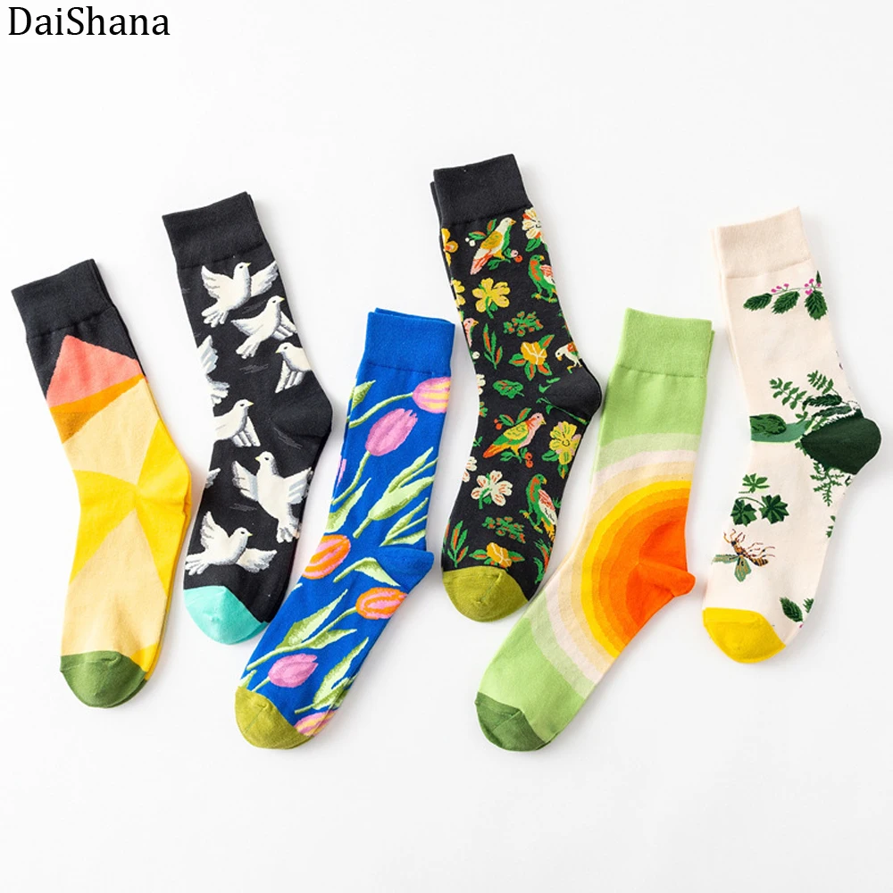 

DaiShana 1 Pair New Arrival Women Socks Harajuku Creative Flower And Bird Sketch Print Cotton Socks Funny Casual Fashion Happy M