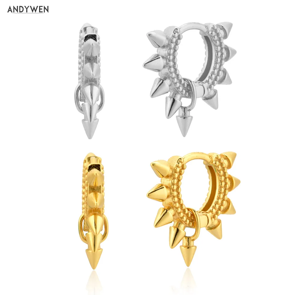 ANDYWEN 925 Sterling Silver Gold Spike Huggies 7.1mm Hoops Women Rock Punk Friendship Party Circle Piercing Ohrringe Jewels