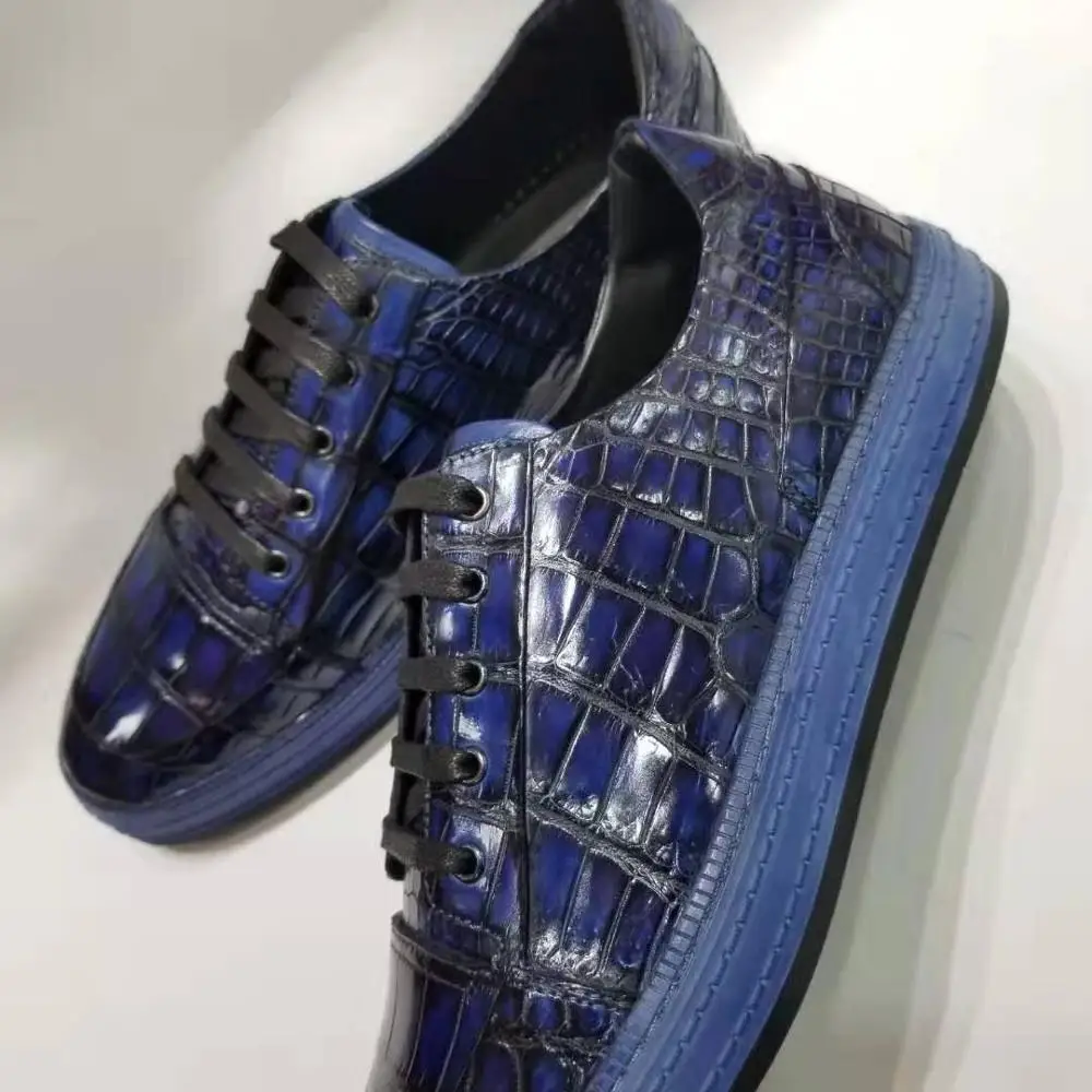 100% Echt Echte Krokodil Buik Huid Mannen Sneaker Schoen Mode Jurk Schoen Met Tone 2 Kleuren Zwart Donkerblauw Koe huid Voeringen