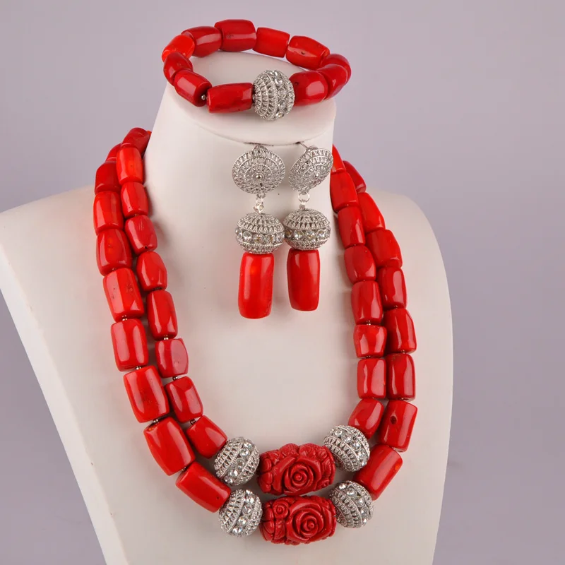 Fashion Red Cylindrical Coral Bead Nigeria Wedding Wedding Jewelry African Bead Set AU-29