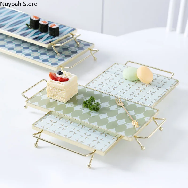 

Nordic Dinner Plate Gold-plated Iron Art Stained Glass Storage Tray Sushi Dessert Plate Tray Square Storage Tray Shooting Props