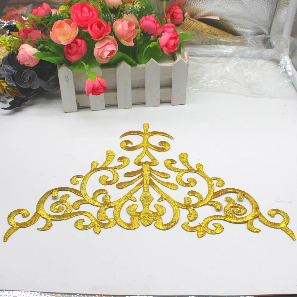 Iron On Gold Appliques Golden Cosplay Costumes Trims Metallic Embroidered Diy Dancewear Lace Patches 28*17cm