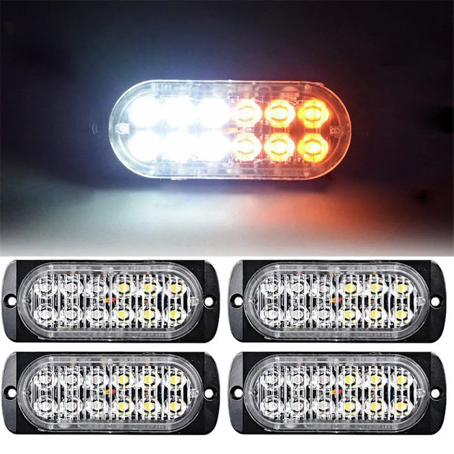 

4Pcs Car Emergency Lamp Bars Flash Amber+White 12 LED Flash Caution Strobe Light Bar