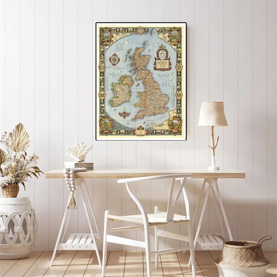 59*42cm The United Kingdom Map In 1937 with Details Wall Art Poster Canvas Painting Travel School Supplies Classroom Home Decor