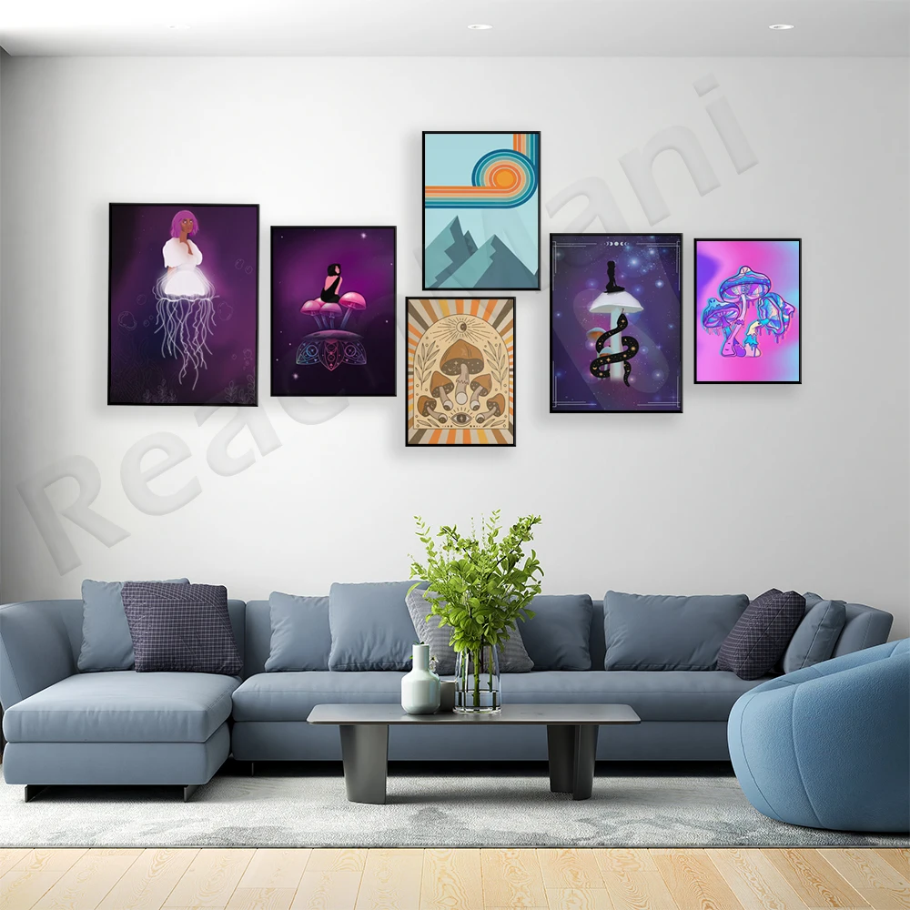 Aesthetic psychedelic prints, space theme Galaxy Tarot style, mushrooms, creepy jellyfish, Blue Ridge Mountains landscape poster