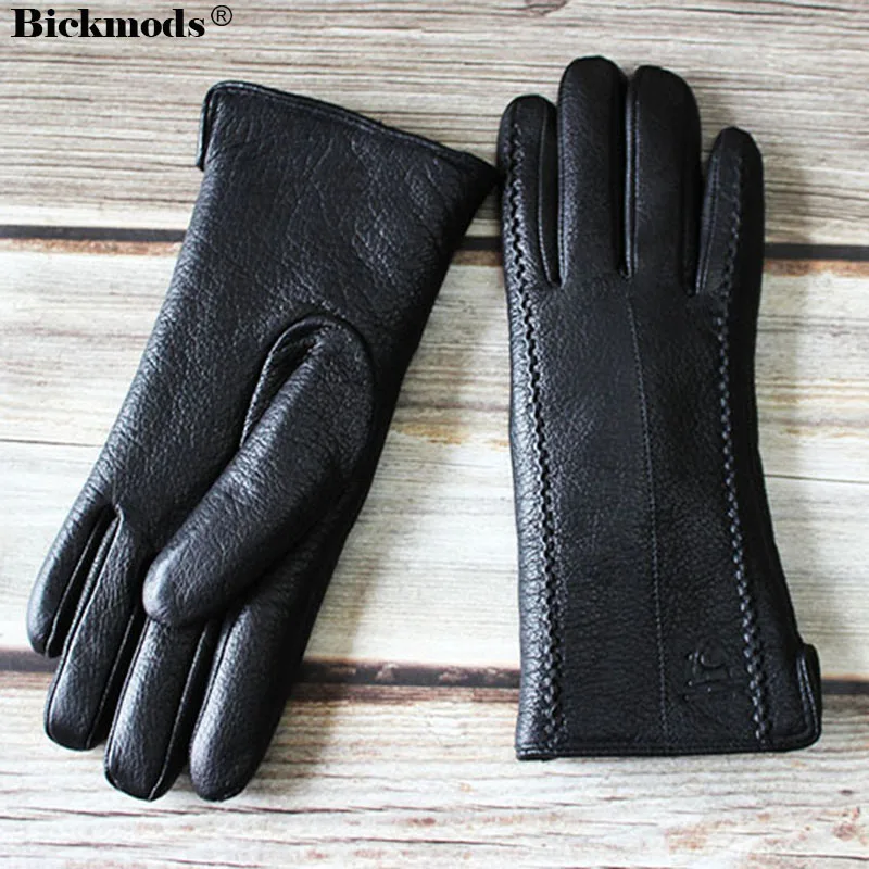 Winter Cold-Proof Warm Deerskin Gloves Women's Thickened Sheepskin Fur Sheep Sheared Lining Windproof Leather Finger Gloves