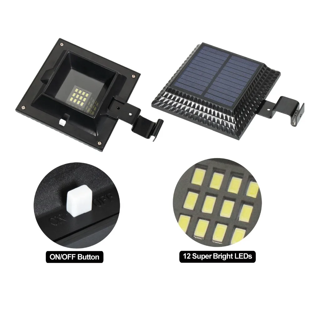 Impermeável LED Solar Powered Luz, Jardim Quintal Segurança, Lâmpada Sensor Solar, Cerca de Parede, Branco, 12 LED, 2Pcs