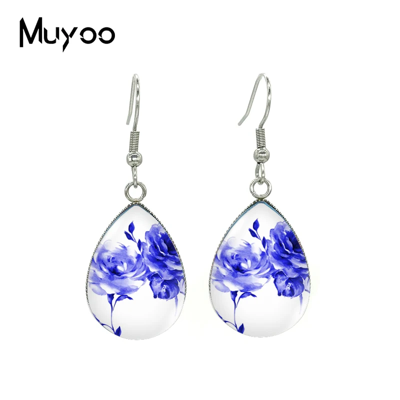 2020 New Blue White Porcelain Pattern Earring Flower Art Panting Tear drop Earring Glass Cabochon Hook Earrings Jewelry