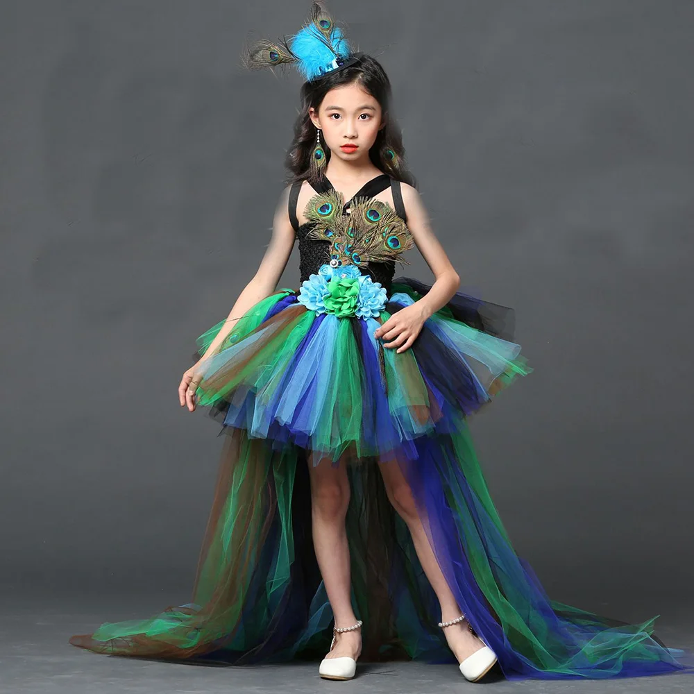 POSH DREAM Girl Peacock Flower Party Tutu Dresses for Halloween with Train Tulle Peacock Princess
